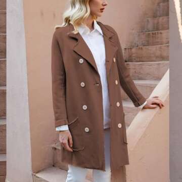 Ainangua Tipperary Trench Coat Women Double Breasted Lapel Long Coat Winter Fall Fashion Fleece Jacket(Brown,L)