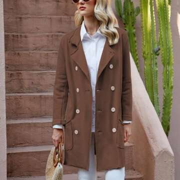 Ainangua Tipperary Trench Coat Women Double Breasted Lapel Long Coat Winter Fall Fashion Fleece Jacket(Brown,L)