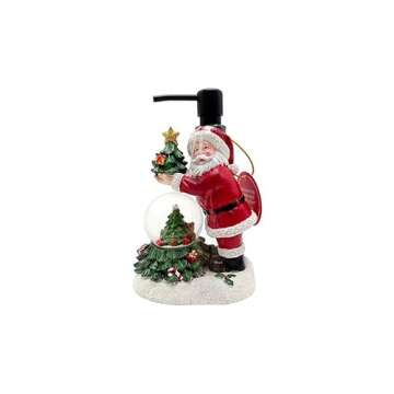 Indecor Home Lotion Pump Decorative Dispenser with Santa Globe Design, Refillable Dispenser, Winter Bathroom & Kitchen Decor, Elegant Ceramic Bottle, Santa Globe, Red