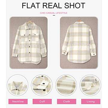 Dokotoo Womens Lightweight Collared Lapel Neck Flannel Shirt Plaid Color Block Roll Up Long Sleeve Shirts Button Down Shacket Jacket Pockets Blouse Tops for Women Small Gray