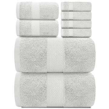 White Classic 2 Silver Bath Mats 22 x 34, 8-Piece Towel Set [2 Bath Towels, 2 Hand Towels, 4 Washcloths] and 4 Bath Towels 27 x 54 | Cotton, Highly Absorbent and Quick Dry for Hotels and Spa