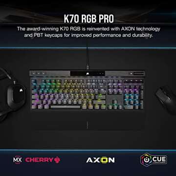 Corsair K70 RGB PRO Wired Mechanical Gaming Keyboard (CHERRY MX RGB Speed Switches: Linear and Rapid, 8,000Hz Hyper-Polling, PBT DOUBLE-SHOT PRO Keycaps, Soft-Touch Palm Rest) QWERTY, NA - Black