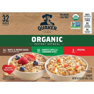 QUAKER Instant Oatmeal, USDA Organic, Non-GMO Project Verified, 3 Flavor Variety Pack, Individual Packets, 32 Count (Pack of 1)