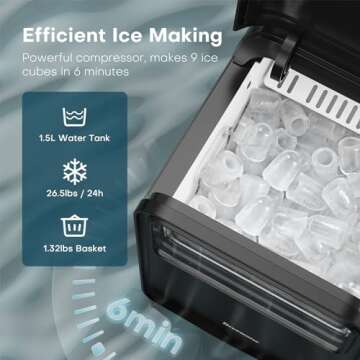 BREEZOME Ice Maker Countertop, Portable Ice Machine Self-Cleaning, 9 Cubes in 6 Mins, 26.5lbs/24Hrs, 2 Sizes of Bullet Ice, Ice Cube Maker with Ice Basket and Scoop for Home Kitchen Party Camping RV