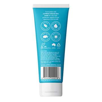 Ethical Zinc Mineral Sport Sunscreen Natural Zinc Oxide Physical SPF 50+ Water Resistant, Sensitive Skin, Reef Safe, Made in Australia, Broad Spectrum Protection, Suitable for Kids, Face and Body