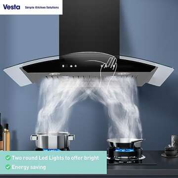 VESTA 800CFM 30'' Stainless Steel Wall Mounted Range Hood 6 Speeds Touch and Gesture Control 6'' Top Round Vent Reusable Baffle Filters LED Lights Round Corners Adjustable Chimney