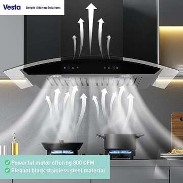 VESTA 800CFM 30'' Stainless Steel Wall Mounted Range Hood 6 Speeds Touch and Gesture Control 6'' Top Round Vent Reusable Baffle Filters LED Lights Round Corners Adjustable Chimney