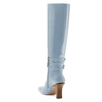 FSJ Women Fashion Knee High Long Boots Pull On Square Closed Toe Chunky Mid Heel Side Zipper Fall Winter Ladies Dress Party Casual Shoes Size 6 Light Blue