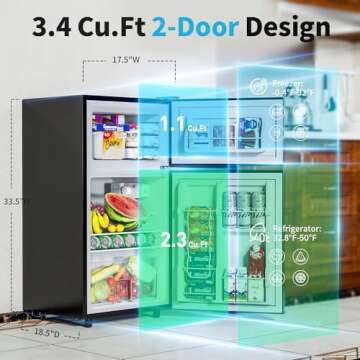 Tehanld 3.4 Cu.Ft Mini Fridge for Bedroom Office Dorm, 2 Door Small Refrigerator Freezer, Mini Compact Fridge with Adjustable Thermostat, Low Noise, Energy Saving, Black