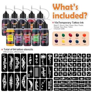 ANTIKE Temporary Tattoo Kit,10 Bottles Temporary Tattoo Ink 0.5oz with 84Pcs Tattoo Stencils,DIY Fake Tattoo for Women Men Kids Body Art Painting ZYH2312333KIT