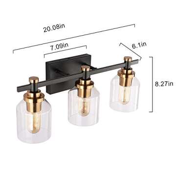 Create For Life® 3-Light Bathroom Vanity Light,Industrial Wall Sconce Bathroom Lighting,Black Gold Bathroom Light Fixtures,Matte Black Finish,Brushed Gold Copper Accent Socket,Clear Glass Shade