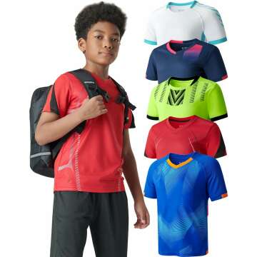 5 Pack Boys Athletic Shirts, Youth Activewear Dry Fit Tshirts for Kids, Short Sleeve Tees, Bulk Athletic Performance Clothing