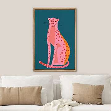 SIGNWIN Framed Canvas Print Wall Art Preppy Room Decor Pink Orange Dot Cartoon Jungle Cheetah Nature Wilderness Drawings Pop Art Boho Chic Animals for Living Room, Bedroom, Office - 16"x24" Natural