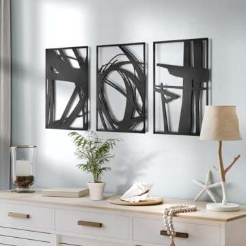 Pinetree Art Abstract Metal Wall Art Decor, 3 Pack Modern Wall Art, Minimalist Line Art Décor, 3D Textured Sculptures for Living Room Bedroom Bathroom (Black 11" x 16")