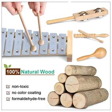 LOOIKOOS Toddler Musical Instruments, Eco Friendly Musical Set for Kids Preschool Educational, Natural Wooden Percussion Instruments Musical Toys for Boys and Girls with Storage Bag