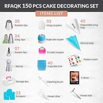 150PCs Russian Piping Tips for Cake Decorating - Piping Bags and Tips Set include 25 Extra Large Russian Tips,31 Icing Tips, 41 Pastry Bags & Other Frosting Tools for Cookie, Cupcake & Cake Decoration