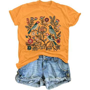 Women’s Boho Bird Shirt - Floral Graphic Tee Gift