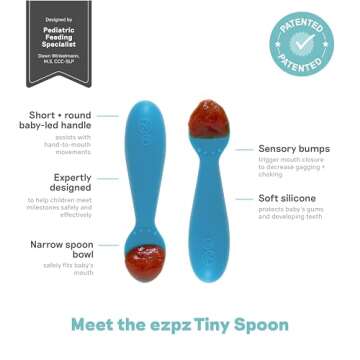 ezpz Tiny Spoon (2 Pack in Blue) - 100% Silicone Baby Spoon for Baby Led Weaning + Purees - 6 Months + - Designed by a Pediatric Feeding Specialist - Baby Essentials & Baby Gifts