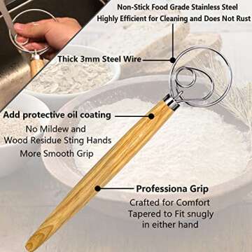 Danish Dough Whisk, Dutch Style Bread Whisk For Sourdough Cooking Kitchen with Stainless Steel Danish Sourdough Whisk Bread Mixer 13" and Dough Scraper