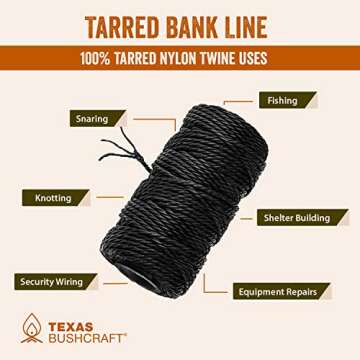 Texas Bushcraft Tarred Bank Line Twine - #36 Black Nylon String for Fishing, Camping and Outdoor Survival – Strong, Weather Resistant Bankline Cordage for Trotline and Marine Thread (1 lb, Twisted)