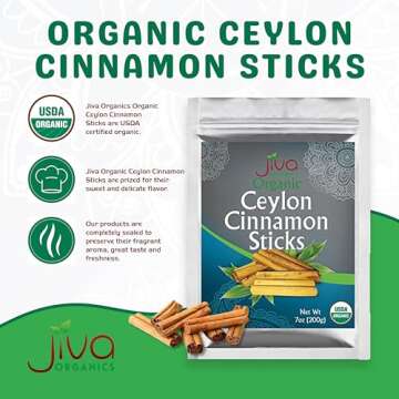 Organic Ceylon Cinnamon Sticks 7 Ounce Bag from Sri Lanka | Raw, Vegan, Non-GMO | ~45 sticks, 3 inch, Fair Trade, Gluten Free by Jiva Organics