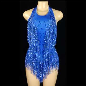 Generic Sparkling Crystal Tassel Tights Sexy Jazz Dance Costume One-Piece Stage Costume Dancer Performance Costume