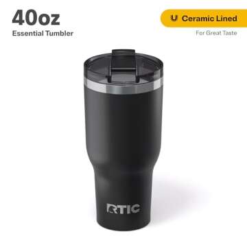 RTIC 40oz Essential Tumbler with Lid, Insulated, Stainless Steel, Metal, Double Wall Vacuum-Insulation, Ceramic Lined, Travel Cup for Iced Coffee, Tea, Hot and Cold Drink, Black