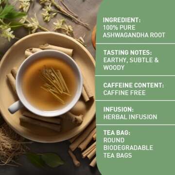 HANDPICK, Ashwagandha Tea Bags - 100 Herbal Tea Bags | Caffeine Free, Gluten Free | Made from 100% Pure Ashwagandha Root Packed in Eco-Friendly Tea Bags