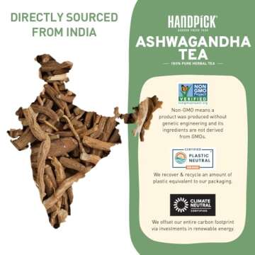 HANDPICK, Ashwagandha Tea Bags - 100 Herbal Tea Bags | Caffeine Free, Gluten Free | Made from 100% Pure Ashwagandha Root Packed in Eco-Friendly Tea Bags