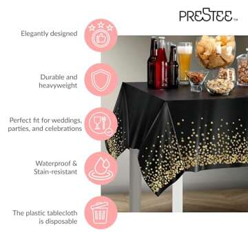 Prestee Gold and Black Table Cloth for Events - Pack of 4, 54 x 108 Inches - Disposable Table Cover, Ideal Black Tablecloths for Party Decorations, Dining, and Holiday Celebrations