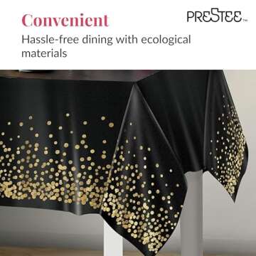 Prestee Gold and Black Table Cloth for Events - Pack of 4, 54 x 108 Inches - Disposable Table Cover, Ideal Black Tablecloths for Party Decorations, Dining, and Holiday Celebrations