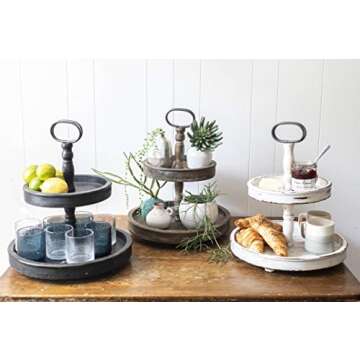 Distressed Brown Wood 2-Tier Tray with Metal Handle