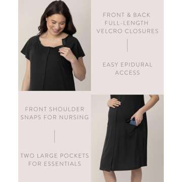 Kindred Bravely Universal Labor and Delivery Gown | 3 In 1 Labor & Delivery, Postpartum Nursing Hospital Gown (Black, 1X-2X)