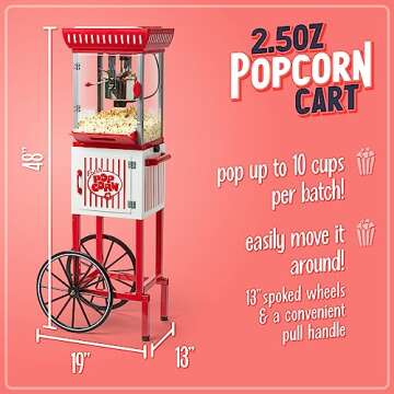 Nostalgia Popcorn Maker Machine - Professional Cart With 2.5 Oz Kettle Makes Up to 10 Cups - Vintage Popcorn Machine Movie Theater Style - Red & White