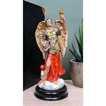 Ebros Catholic Church Archangel Saint Uriel with Holy Spirit Torch Statue with Brass Plated Title Wood Base 5.75" Tall Christian Devotional Altar Sculpture