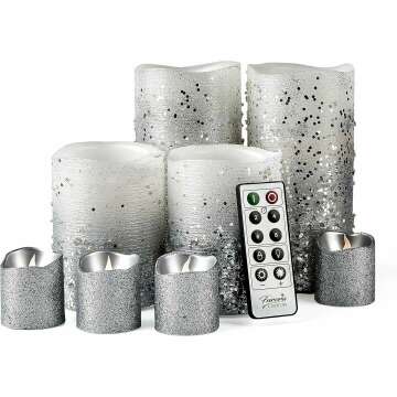 Furora LIGHTING Silver Glitter LED Candles with Remote and Timer, 4 Pillars and 4 Votives Pack of 8, Real Wax Flameless Flickering Candles for Home Décor, Battery Included