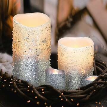 Furora LIGHTING Silver Glitter LED Candles with Remote and Timer, 4 Pillars and 4 Votives Pack of 8, Real Wax Flameless Flickering Candles for Home Décor, Battery Included