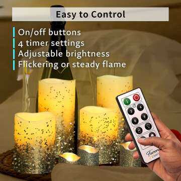 Furora LIGHTING Silver Glitter LED Candles with Remote and Timer, 4 Pillars and 4 Votives Pack of 8, Real Wax Flameless Flickering Candles for Home Décor, Battery Included