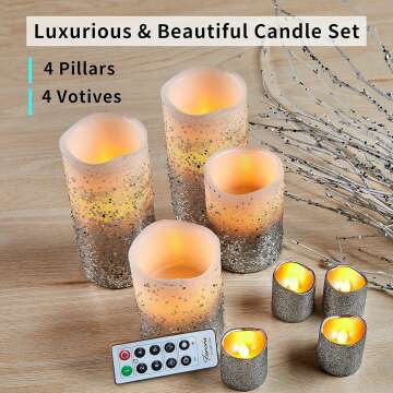 Furora LIGHTING Silver Glitter LED Candles with Remote and Timer, 4 Pillars and 4 Votives Pack of 8, Real Wax Flameless Flickering Candles for Home Décor, Battery Included