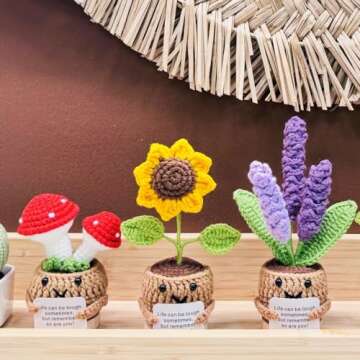 Handmade Crochet Mini Funny Potted-Positive Emotional Support Plant,Crochet Desk Decor,Crochet Flower Decor,Gift for Friends,Mother's Day Gift,Encouragement Gifts (Sunflower)