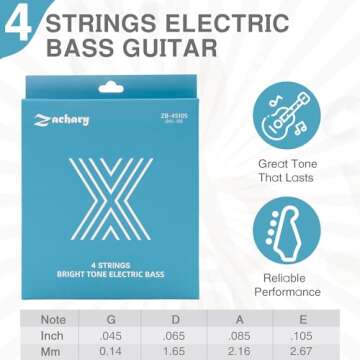 Bass Guitar Strings 4 Strings Guitar Accessories Bass Instrument Accessories Bass Strings Guitar Replacement Set Nickel Alloy Wound Plated Steel with Coating 1Pack (4-String,45-105)