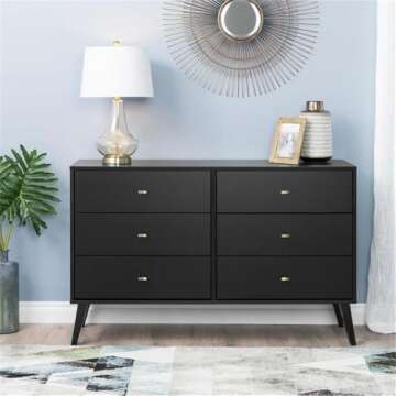 Prepac Milo Mid-Century Modern 6 Drawer Double Dresser for Bedroom, Wide Chest of Drawers, Contemporary Bedroom Furniture, 16" D x 52.50" W x 33" H, Black