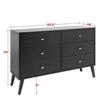 Prepac Milo Mid-Century Modern 6 Drawer Double Dresser for Bedroom, Wide Chest of Drawers, Contemporary Bedroom Furniture, 16" D x 52.50" W x 33" H, Black