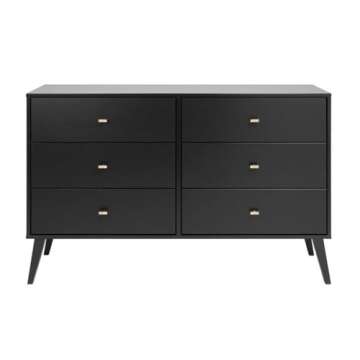 Prepac Milo Mid-Century Modern 6 Drawer Double Dresser for Bedroom, Wide Chest of Drawers, Contemporary Bedroom Furniture, 16" D x 52.50" W x 33" H, Black