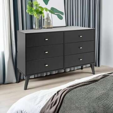 Prepac Milo Mid-Century Modern 6 Drawer Double Dresser for Bedroom, Wide Chest of Drawers, Contemporary Bedroom Furniture, 16" D x 52.50" W x 33" H, Black