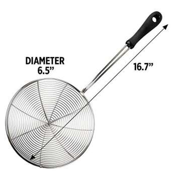 Stainless Steel Spider Strainer, 6.3" Asian Wire Skimmer Ladle for Cooking Frying Food Pasta Spaghetti Noodle Hot Pot, Stay Cool Handle with Hook for Easy Storage, Food Recipe Ebook Included