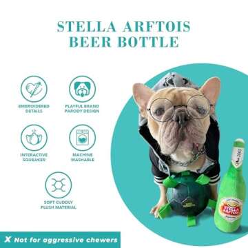 Haute Diggity Dog Stella Arftois Beer Bottle, Plush Designer Dog Toys with Interactive Squeaker, Stimulating Pet Enrichment, Machine-Washable & Safe Materials for All Breeds, One Size