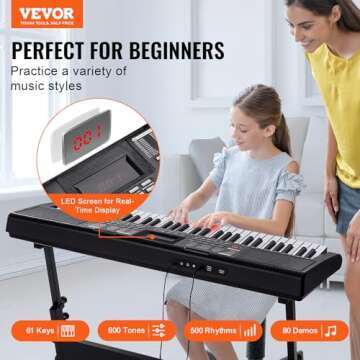 VEVOR 61 Key Digital Keyboard Piano, Lighted Keys, Electric Portable Piano with Adjustable Stand 600 Tones 500 Rhythms Built-In Speakers Sustain Pedal Headphones Microphone, USB MIDI for Beginners