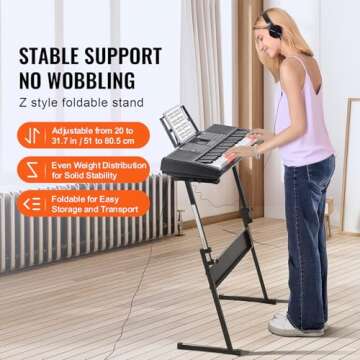 VEVOR 61 Key Digital Keyboard Piano, Lighted Keys, Electric Portable Piano with Adjustable Stand 600 Tones 500 Rhythms Built-In Speakers Sustain Pedal Headphones Microphone, USB MIDI for Beginners