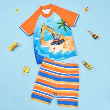 Kids Swimsuit Boys Two Pieces Truck Swimsuit Toddler Rash Guard and Trunk Beach Bathing Suit Quick Dry Short Sleeve Shirt Swimwear Set for Summer Surfing Holiday